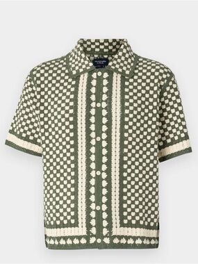 Abercrombie & Fitch Olive and Cream Short-Sleeve Knit Polo Cardigan
